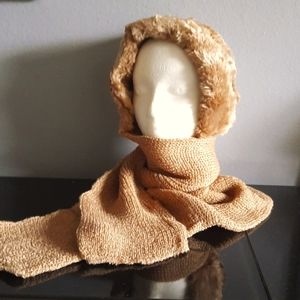 NWOT Camel/Beige Faux Fur Hat With Attached Scarf One Size.